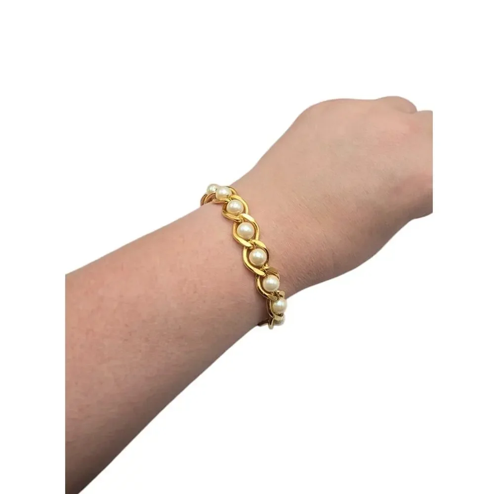 Gold Pearl Link Bracelet Chunky Chain Style Classic Glam Elegant